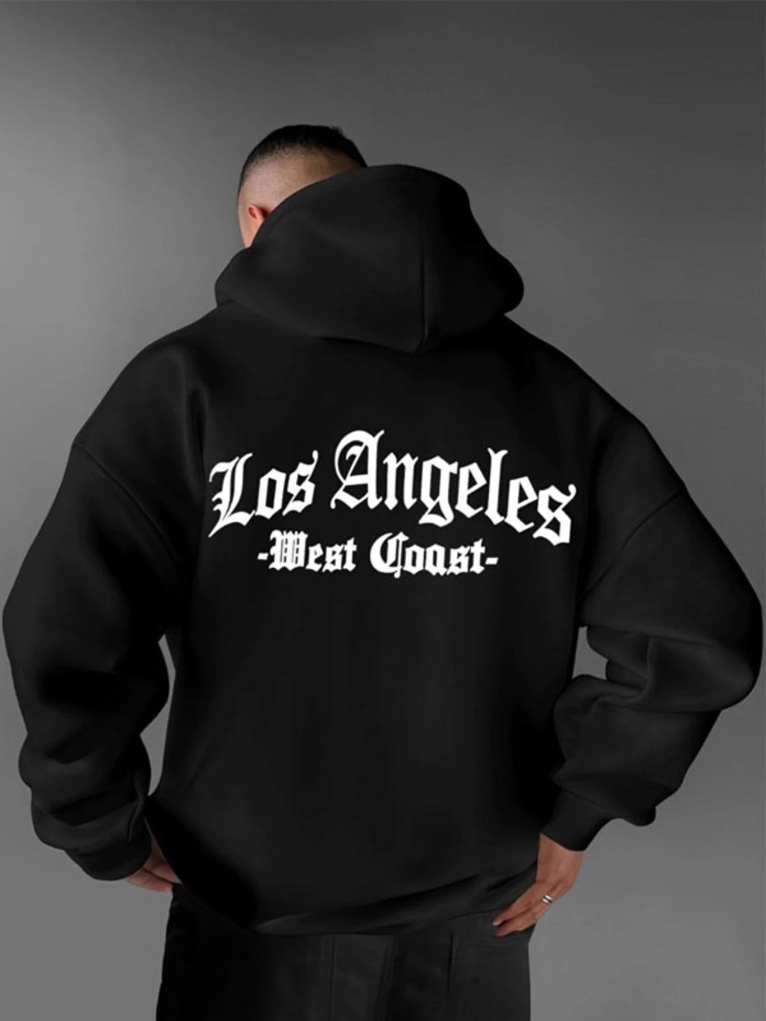 Men's Hooded Sweatshirt for West Coast of Los Angeles - Gothic Script English Back Print Baggy Pockets Hooded T-Shirt