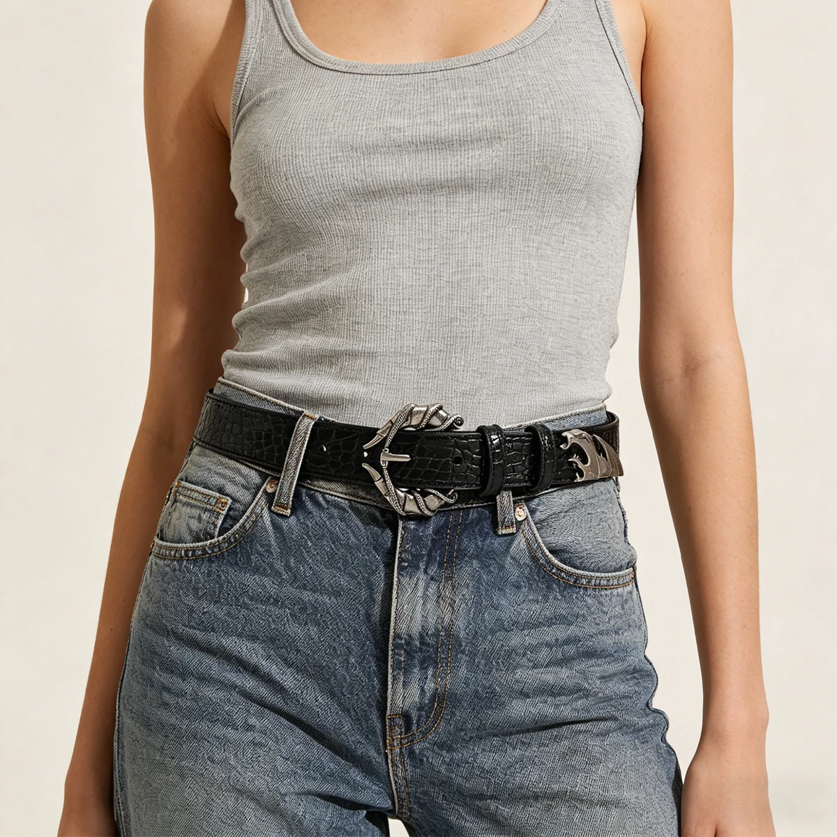 Snake Buckle Crocodile Pattern Pu Leather Belt For Women Fashion Casual Dress Jeans Accessories Girdle Y2k Girls Black Waistband