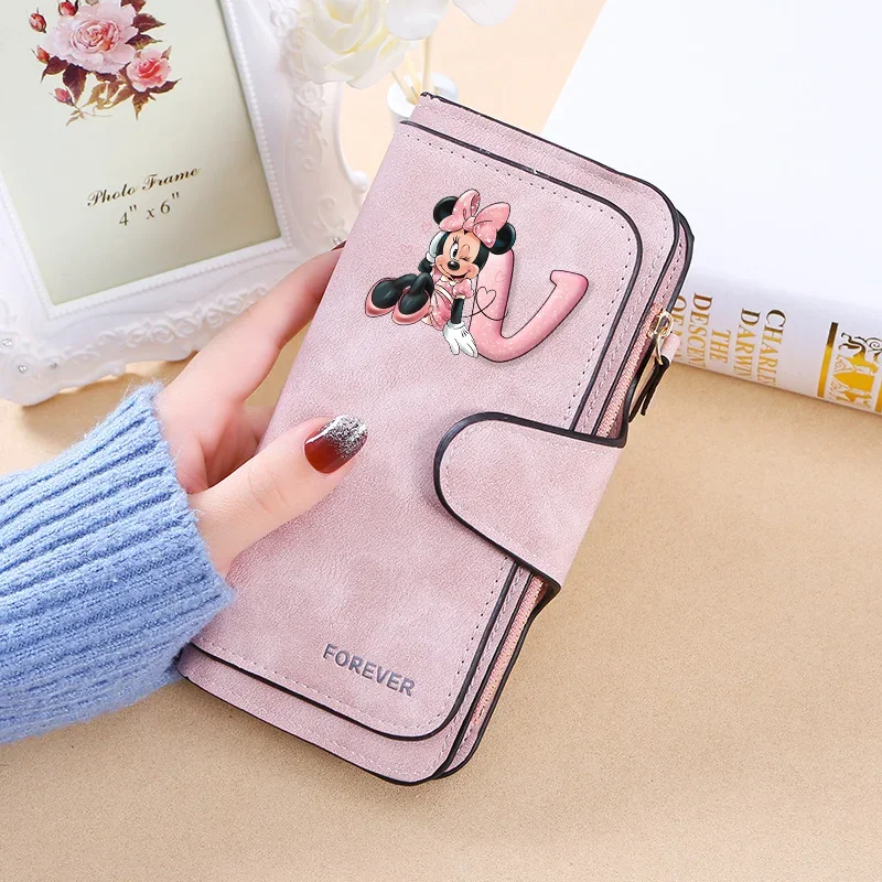 Disney Minnie PU Leather Bags  A-Z Letters Wallets Purses Fashion Long Zipper Wallet Money Coin Holder Female Long Purse Gifts