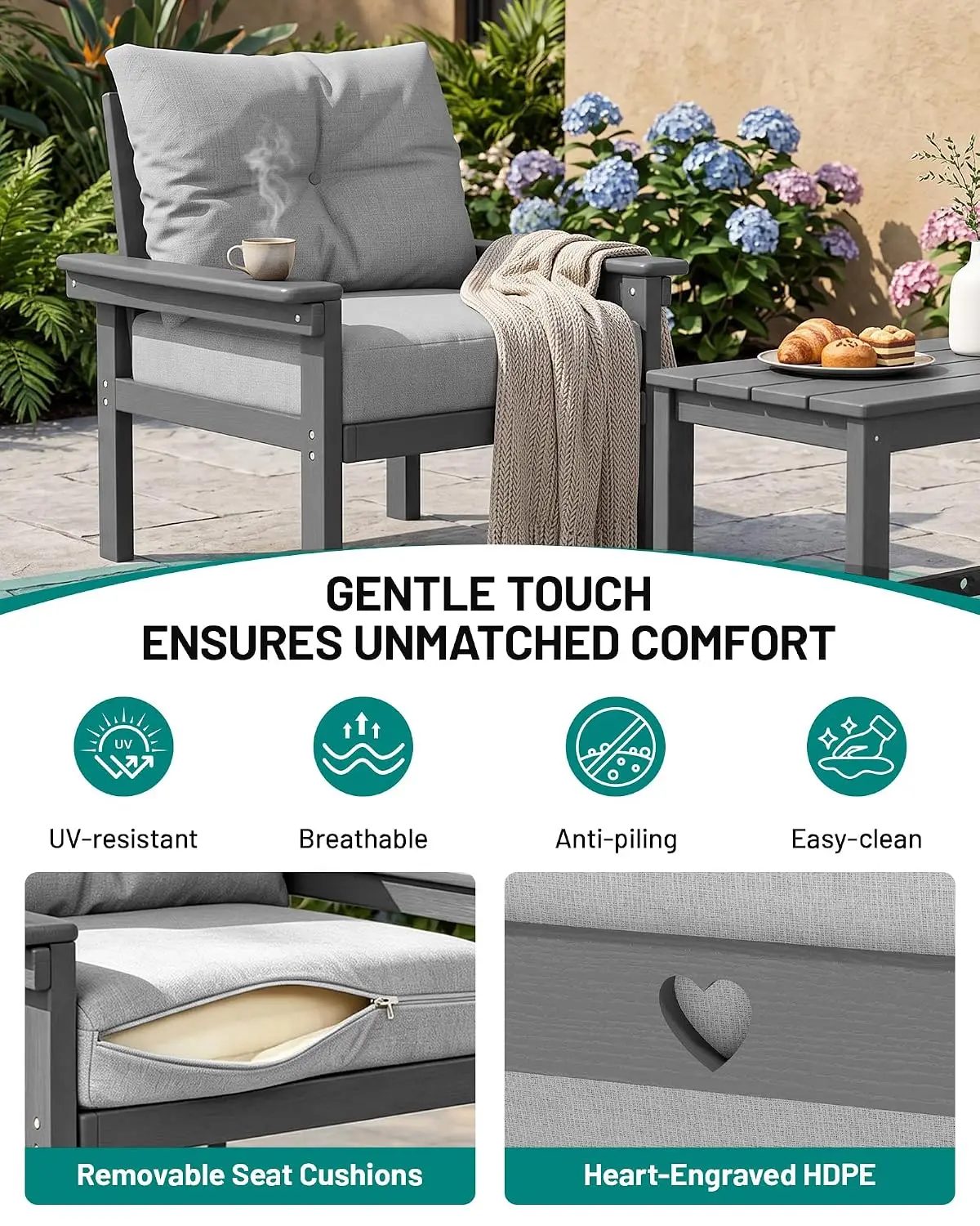 7PC HDPE Outdoor Patio Furniture Sets, Grey Frame/Grey Cushion