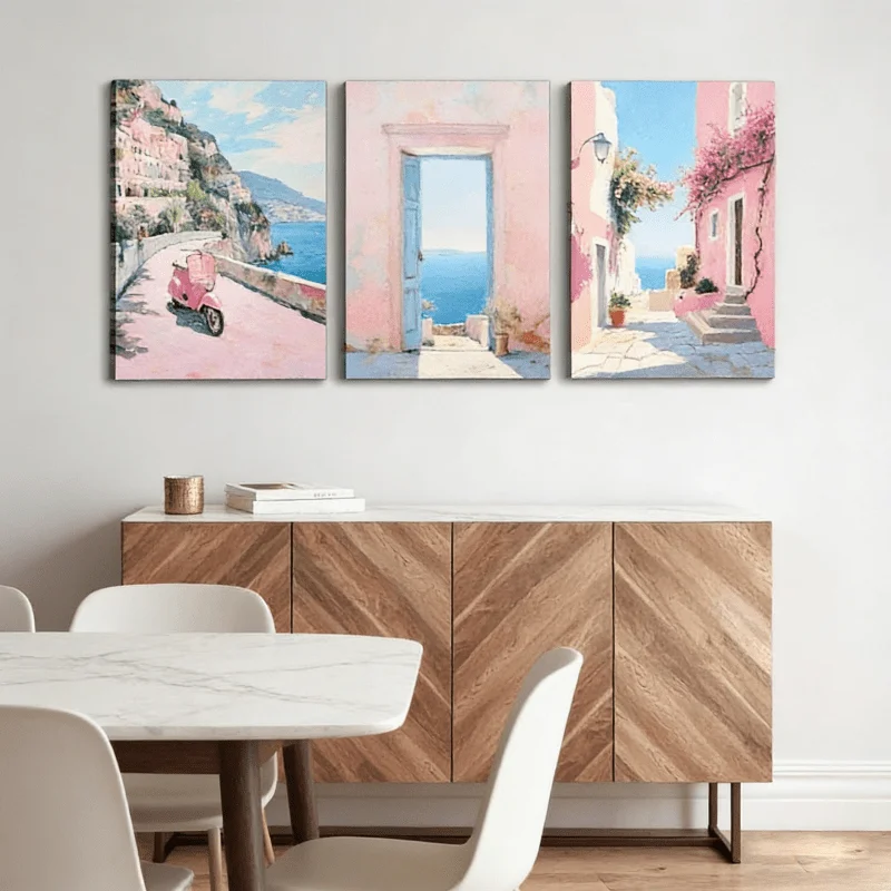 2D Flat, 2D Flat, 2D Flat 3pcs Healing Oil Painting Amalfi Coast Triptych | Dec Canvas Posters for Bedrooms and Living Rooms,