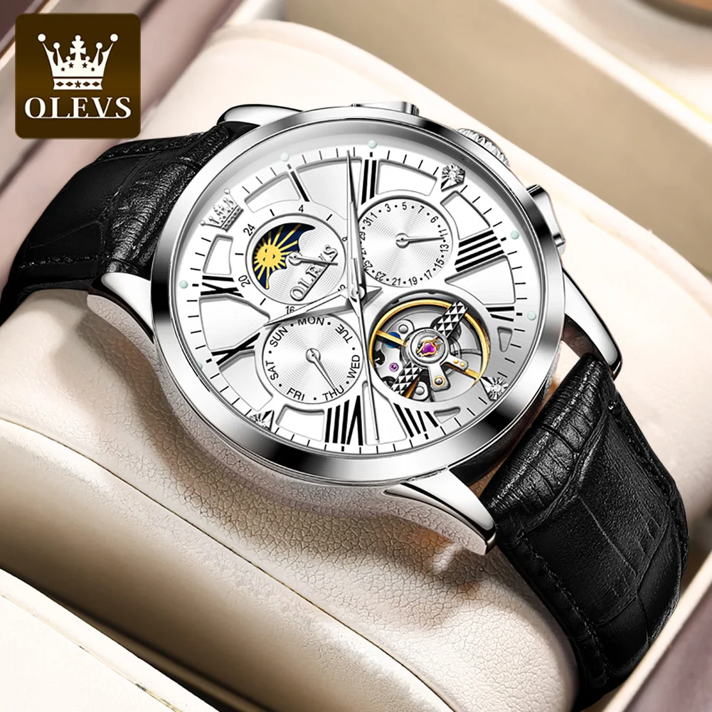 OLEVS 9912 Luxury Man Watch Leather Strap Hollow Out Automatic Mechanical Wristwatch Moon Phase Waterproof Calendar Mens Watches