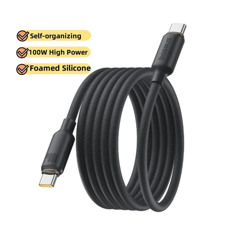Baseus вспененный силиконовый кабель USB C для iPhone 16 15 Самоорганирующийся кабель типа C 100 Вт для Macbook Samsung Xiaomi Быстрая зарядка