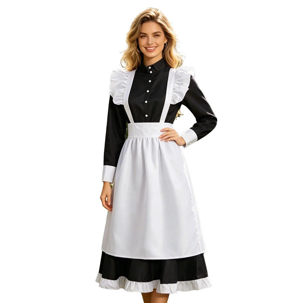 

European Vintage Manor Housekeeper Maid Uniform Stand Collar Black Midi Dress Flounced White Suspender Apron Retro Black White Outfit