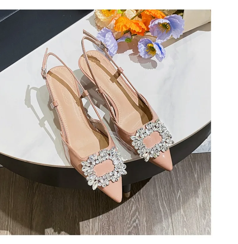 

French Sandals for Women Summer 2025 Diamond Pointed Toe Slim High Heels Ladies Shoes Large Size Women's Sandals 41 42 43