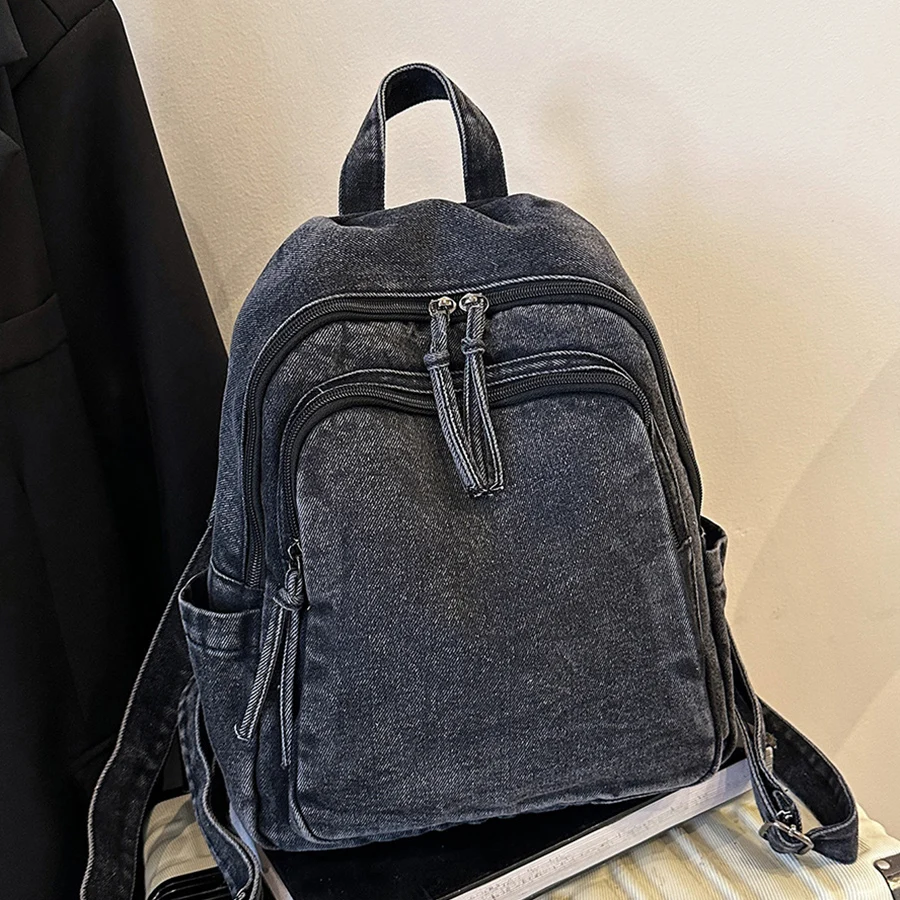 Mochila de Jeans para Mulheres, Tendência Escolar, Bolsa de Estudante com Múltiplos Bolsos, Grande Capacidade, Mochila de Viagem Feminina