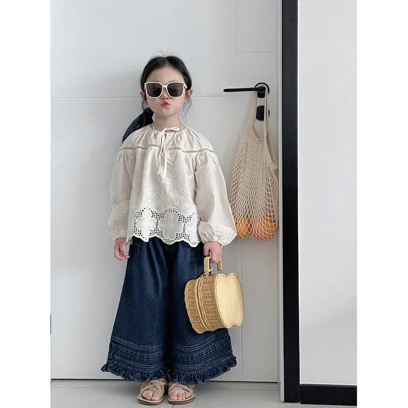 Deer 2024 Spring New Korean Edition Lace Hollow Girls' Fashionable Princess Doll Shirt