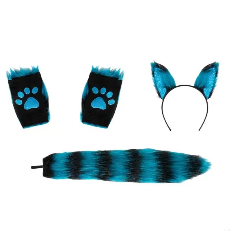 Q0KE Accessori per costumi da volpe, fascia per orecchie animali, coda guanti in peluche per bambina, cosplay Natale,
