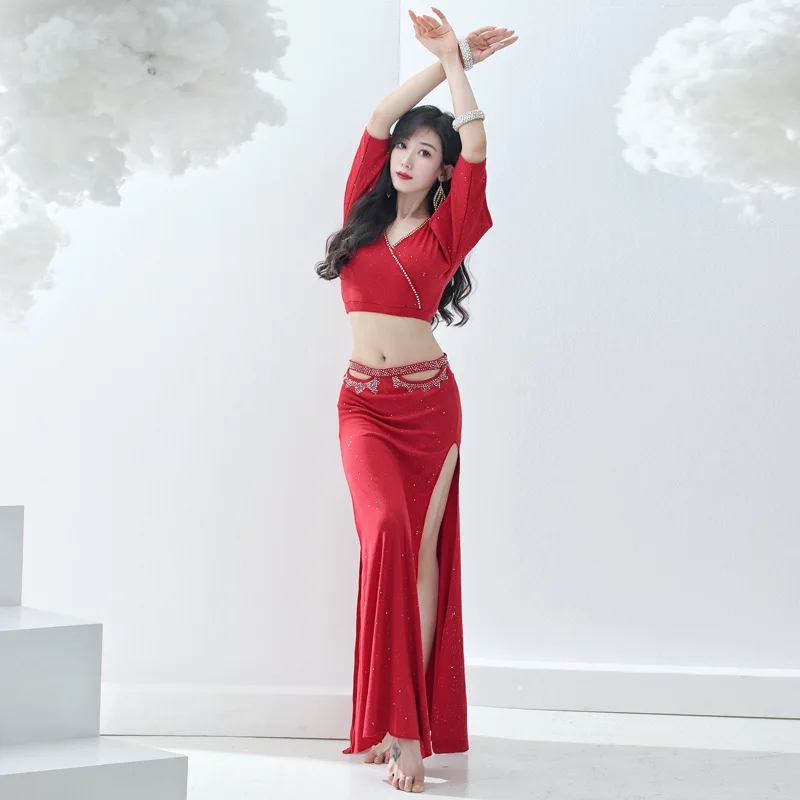 

Belly Dance Dress Summer Hot Drill Training Clothes Hollow Long Skirt Sexy Oriental Dance Show Thin Performance Clothes Belly