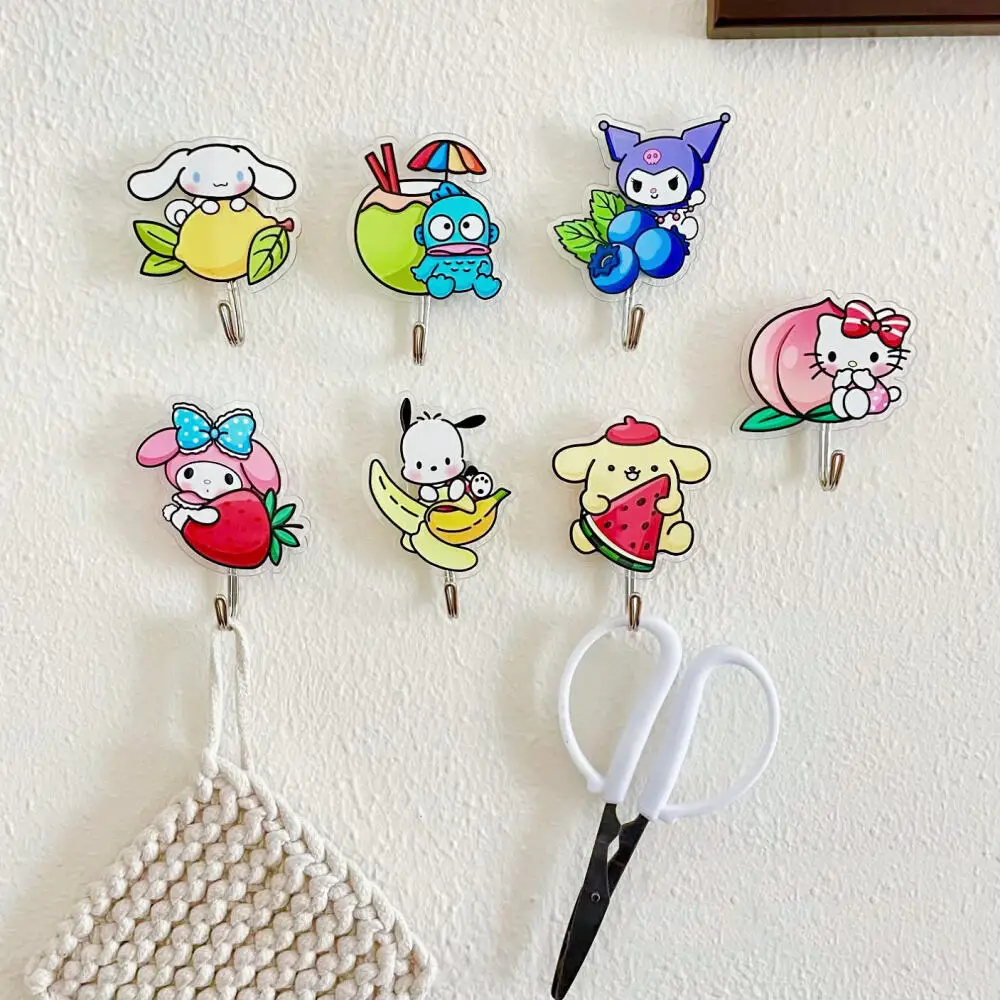 

Sanrio Fruit Series Non-punching Hook Cute HelloKitty Kuromi Hangyodon Acrylic Seamless Hook Cartoon Bathroom Wall Hanging Hooks