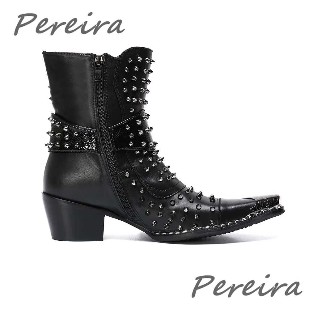 Embroidery Rivet High Heel Chelsea Boots for Men Metal Pointy Toe Luxury Crystal Buckle Knight Boots Genuine Leather Men\'s Shoes