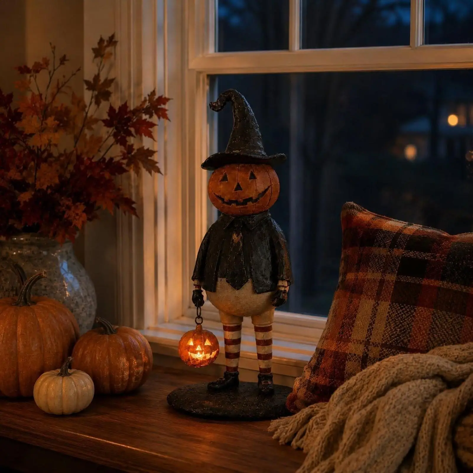 Halloween Pumpkin Lantern Vintage Witch Gentleman Tabletop Decor with Lighted Handheld Pumpkin Lantern Crafts Creative Pumpkins