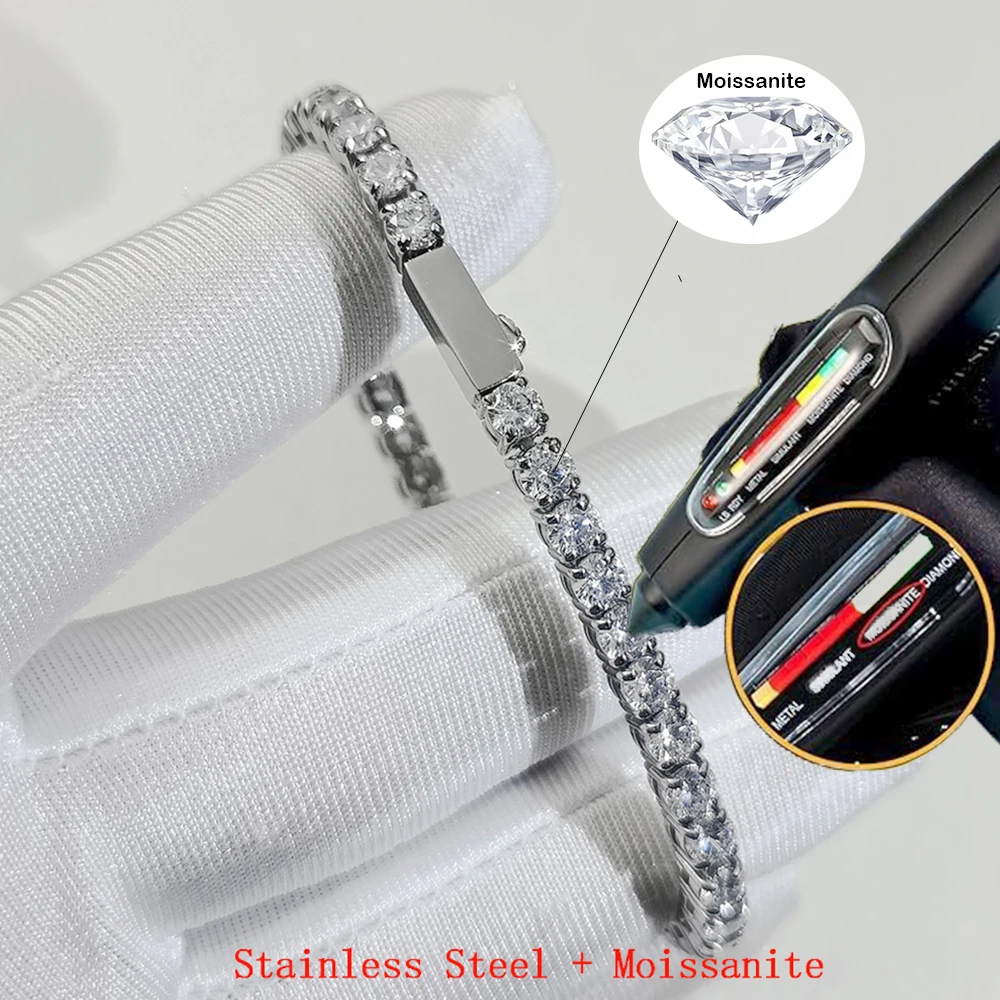 Wholesale Iced out 3/4/5mm Stainless Steel Inlaid VVS Moissanite Tennis Link Bracelet With Free Carving Custom Logo Hip Hop Gift