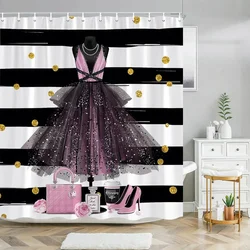 High Fashion Shower Curtains Perfume Bottle Flower Butterfly Pink and Black Luxury Fabric Bath Curtain With Hooks Bathroom Decor