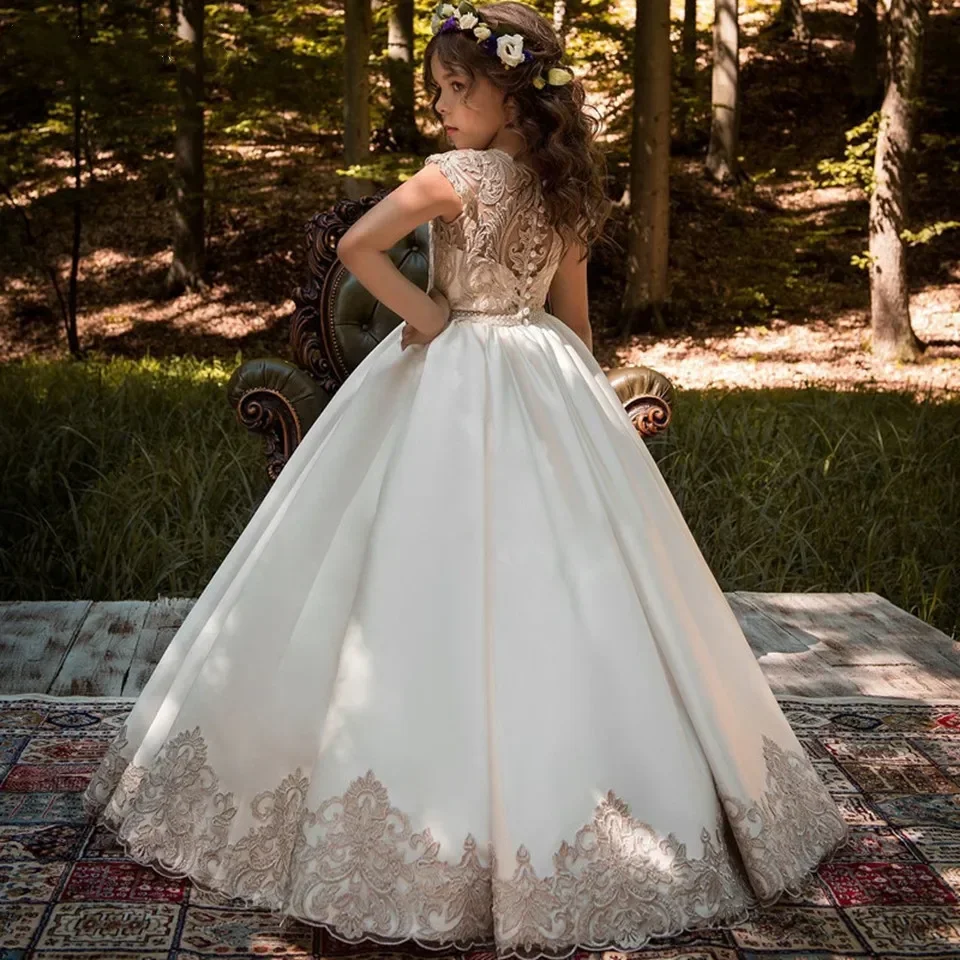 Vestidos elegantes de cetim para meninas, vestidos para casamento, sem mangas, apliques, vestido de princesa, casamentos, primeira comunhão, concurso, aniversário