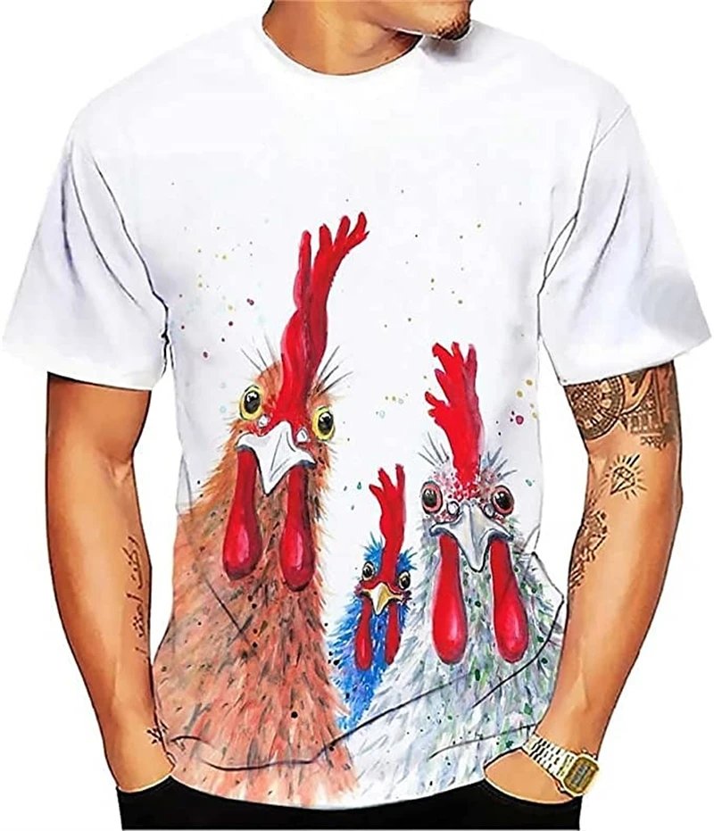 Modne koszulki z wzorem kurczaka dla mężczyzn Letni trend Krótki rękaw Crew Neck 3D Zwierzęta Nadrukowane koszulki Luźne koszulki Streetwear — zdjęcie 3