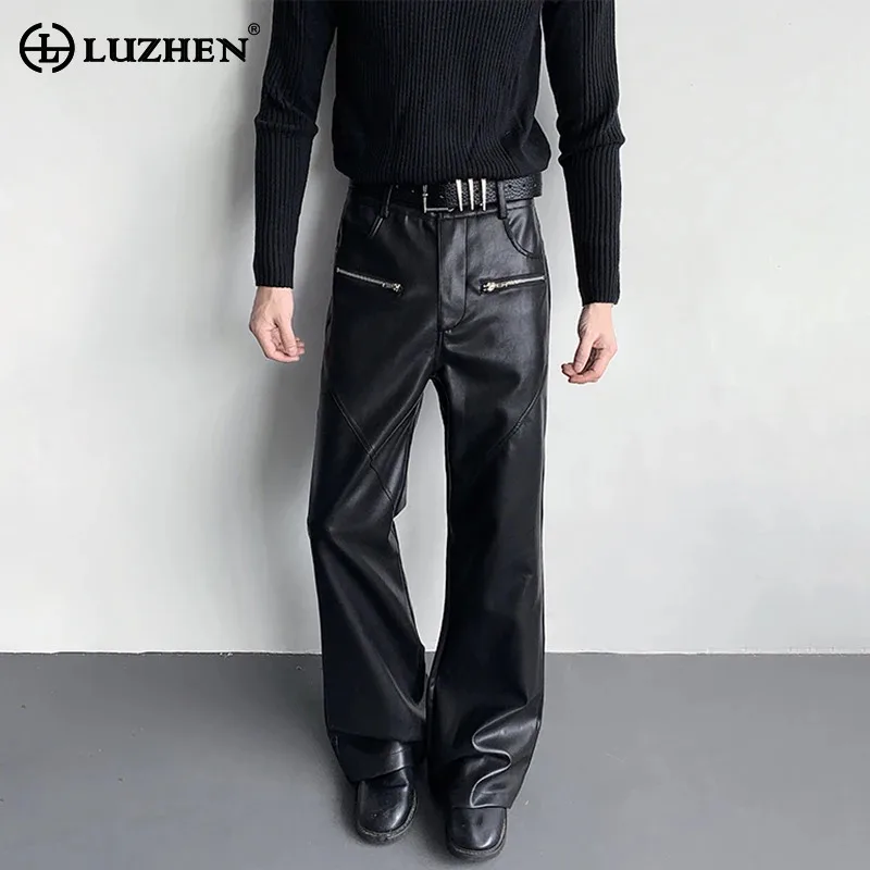 

LUZHEN Zipper Pockets Decorate Elegant Men's Leather Casual Pants Men's 2025 New High Quality Straight Wide Leg Trousers JY3761