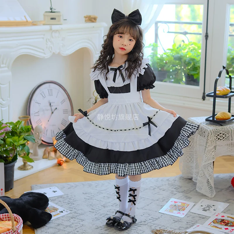 Robe de femme de chambre à manches longues à carreaux noirs et blancs Lolita, princesse, fille, vêtements de performance, anime, cosplay, olympiques d'Halloween