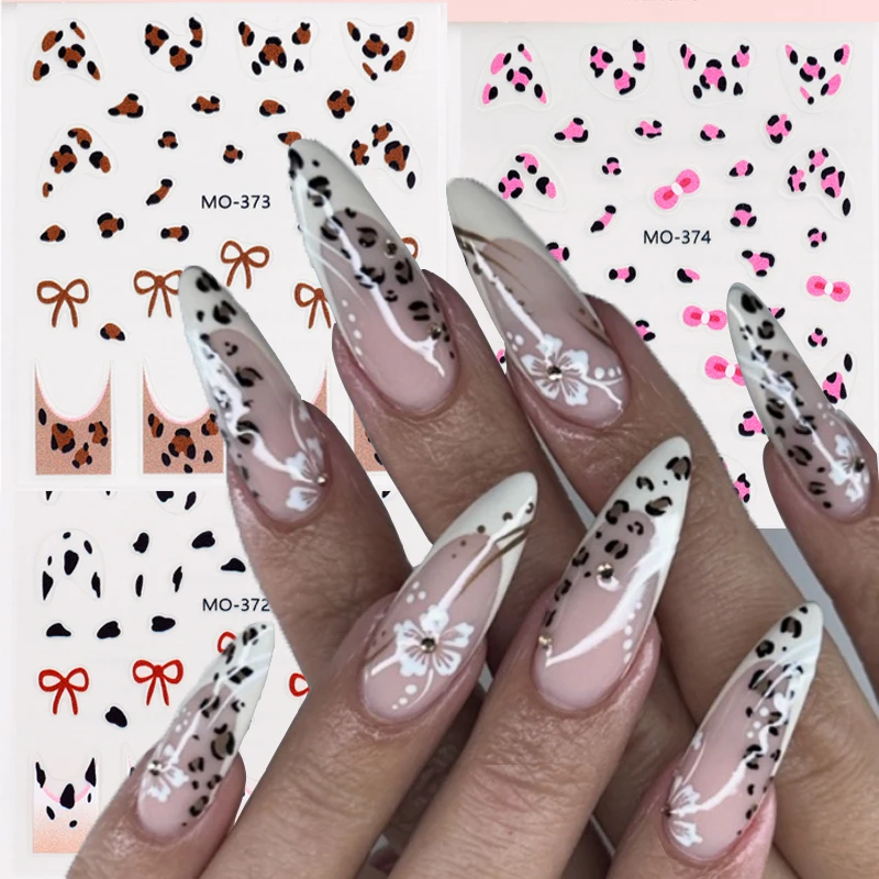 Bow Leopard Nail Sticker Decal 3D Nail Art Stickers Adhesive French Bowknot Print Design DIY Manicure Decals Decorations Slider