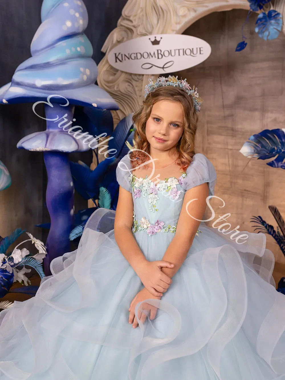 Robe de demoiselle d'honneur pour mariage, bleu clair, en Tulle, bouffante, avec des appliques superposées, pour fête d'anniversaire pour enfants, robes de bal de première Communion personnalisées