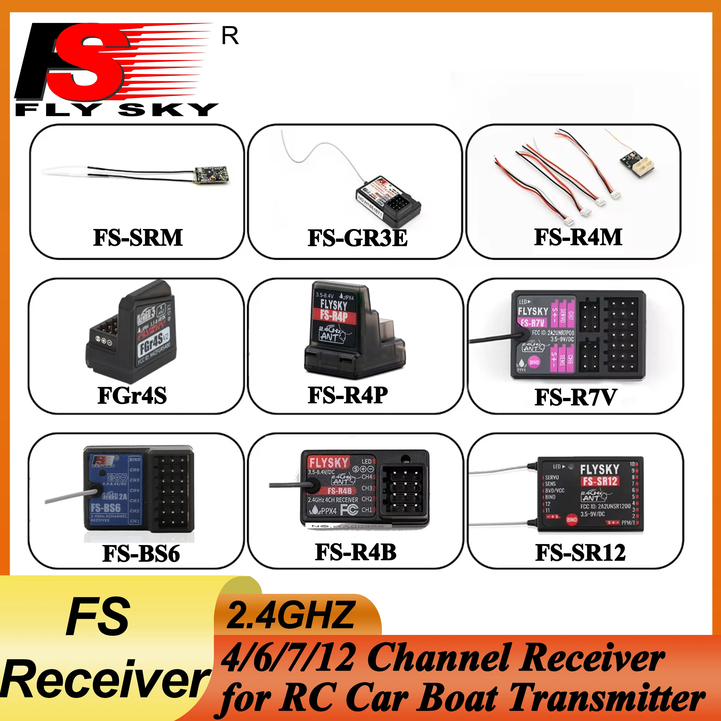 FLYSKY 4CH 6CH 12Channel FS-SR12 FS-R4P FS-R7V FS-BS6 2.4G Receiver for RC Plane Car Boat Robot FS-G7P FS-G4P Transmitter Toy