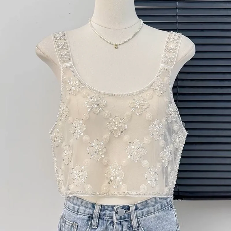 Transparent Vest Heavy Industry Sequin Beads Shiny Flower Camisole Women Summer Niche Design Perspective Tops Tank Top Women