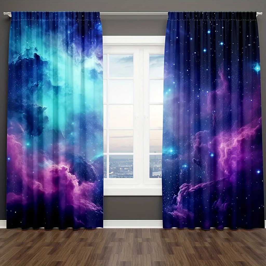 2pcs Blue Purple Galaxy Curtains Universe Fantasy Starry Sky Star Nebula Rod Pocket Outer Space Bedroom Decor.