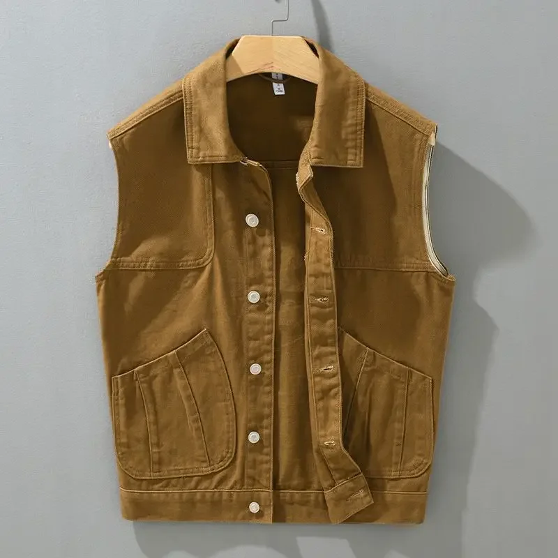 

Spring Autumn Men's Denim Jacket Vest New Retro Workwear Loose Outer Wear Handsome Single Breasted Sleeveless Cowboy Vests