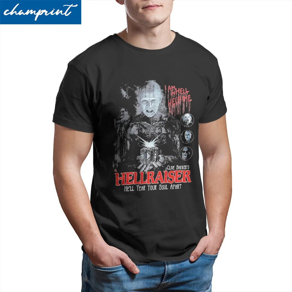 Men T-Shirts Hellraiser Art Crazy Pure Cotton Tees Short Sleeve T Shirts Crew Neck Clothes Plus Size