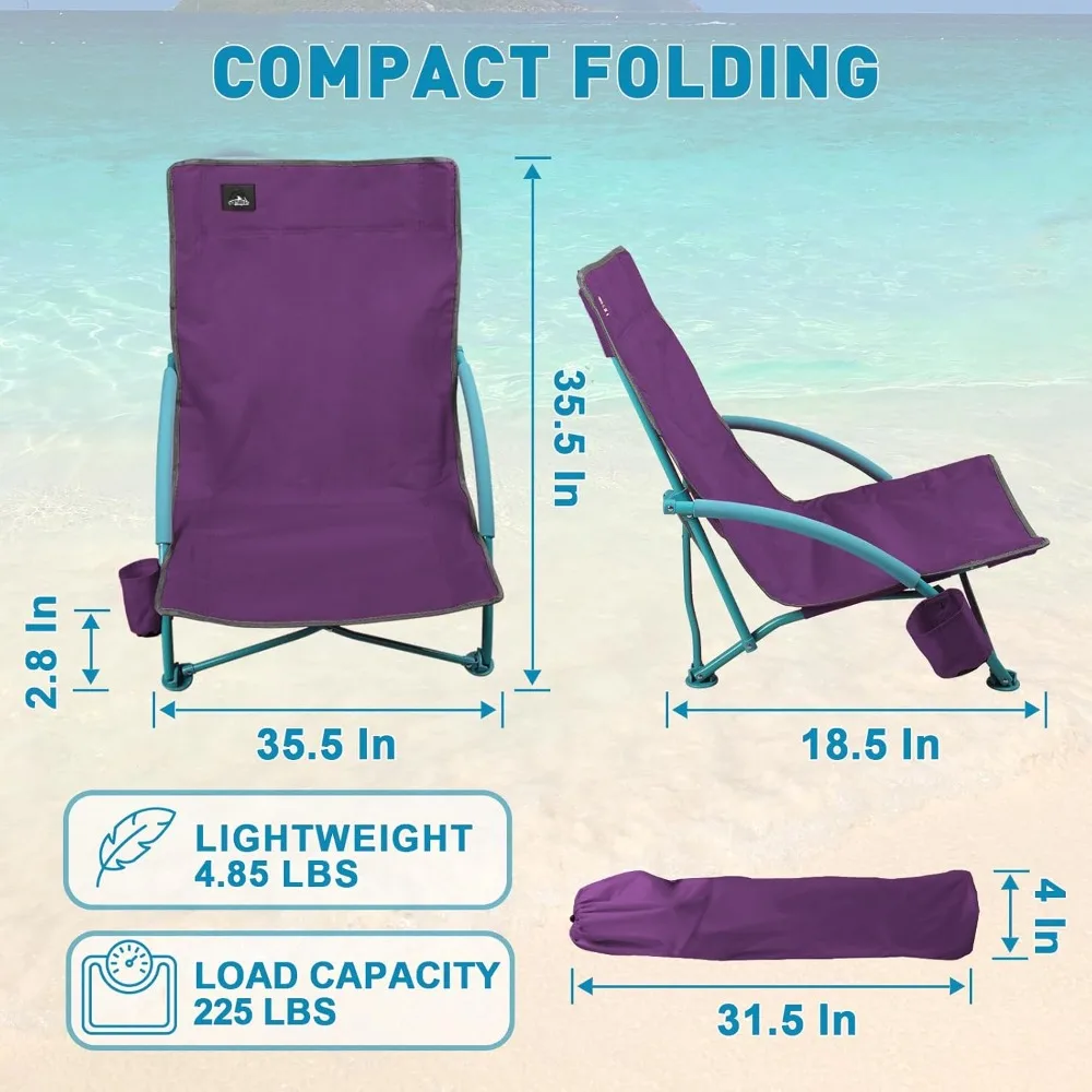 Low Folding Beach Chair,Portable Lightweight Lowback Sling Chair, Outdoor Low Seat Camping Chair w/Cup Holder & Carry Bag