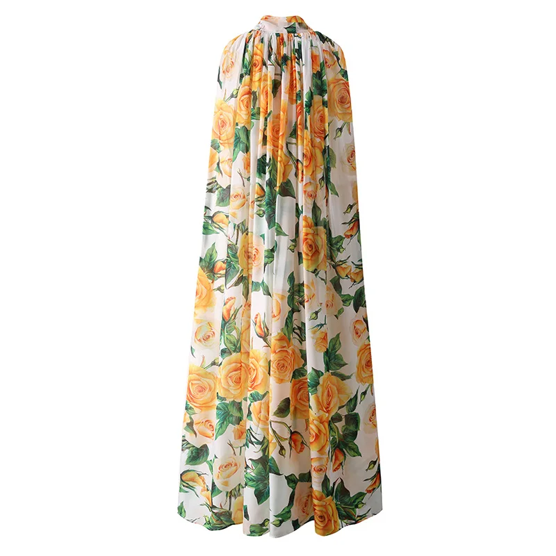 Women Elegant Yellow Rose Print Long Party Capes Fashion Scarf Bow Cloak New Shawl Coat Collection 2024 Trendy Wrap Cover-up