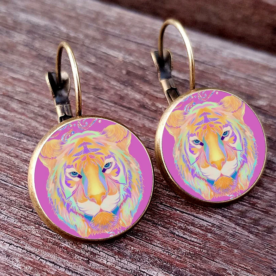 2024 Fashion Art Tiger Earrings Forest King Tiger Glass Cabochon Keychain Wildlife Women's French Earhook Jewelry Gift