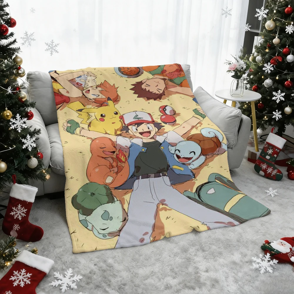 Pokemon Ash Pikachu Misty Brock Charmander Squirtle Bulbasaur Flannel Throw Blanket Soft Warm Cartoon Blanket for Sofa Bed Home