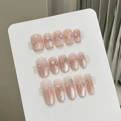 Handmade Sweet Pink Press on Nails with Bow Decor Shiny Cat Eye Fake Nails for Women Girl Wearable Reusable Korean False Nails