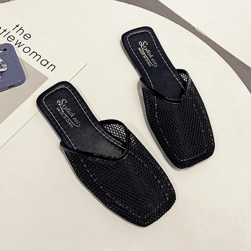 Summer Women Slippers Sexy Mesh Mules Indoor Home Slides Square Toe Female Flats Shoes Outdoor Clogs Beach Sandals Flip Flops 43