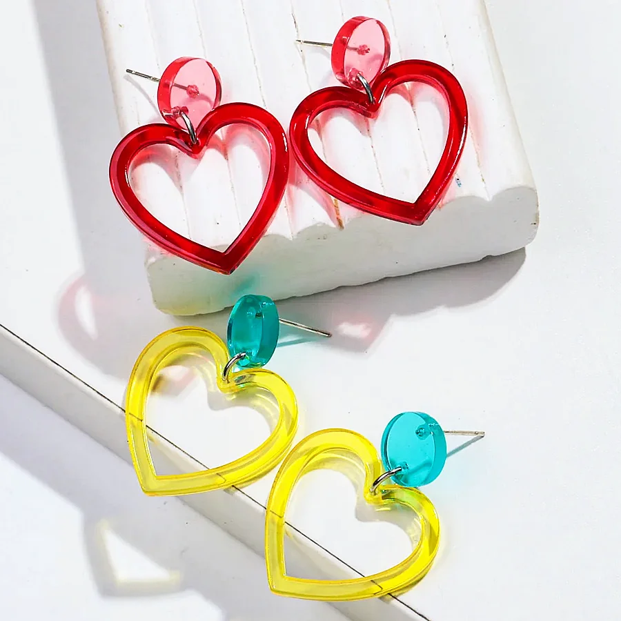 New Fashion Acrylic Clear Colorful Heart Drop Earring for Women Neon Color Geometric Heart Shape Earrings 2024 Party Jewelry