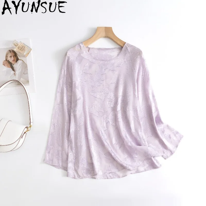 

AYUNSUE 100% Silk Women's T-shirts Elegant O-neck Long Sleeve Tops for Woman Simple Loose T Shirt Woman Clothing Топ Женский