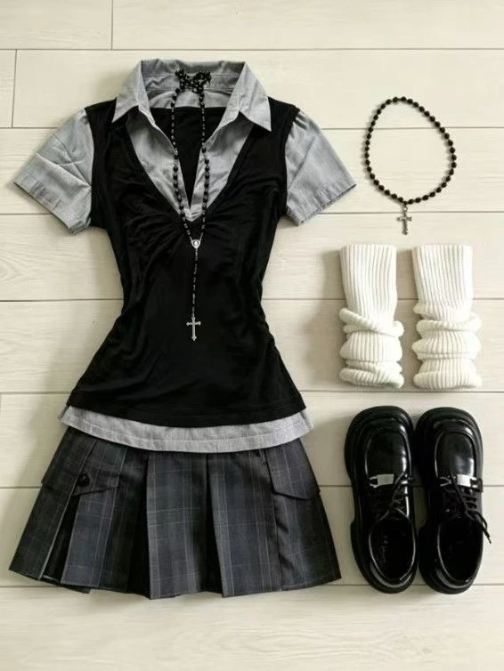 Y2K Retro Summer 2‑Piece Set Women Short Sleeve Top + High Waist Pleated Mini Skirt Harajuku Streetwear Daily Matching Outfit
