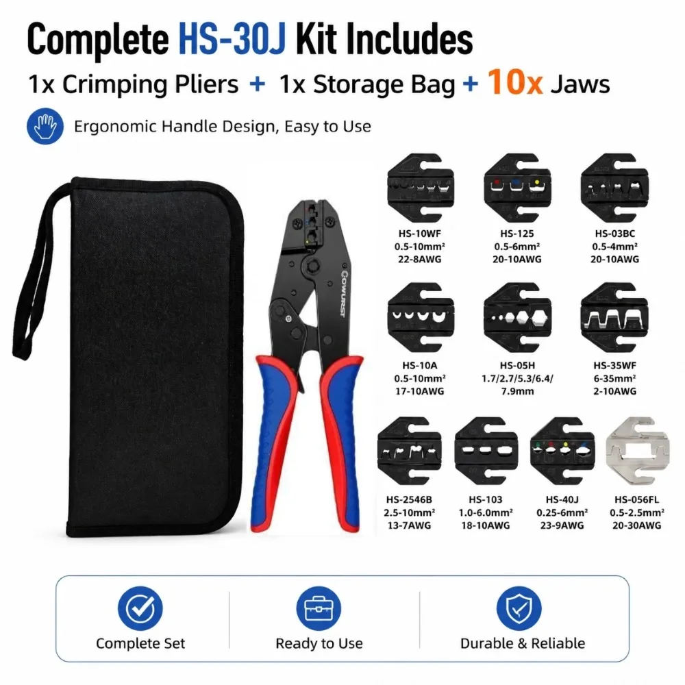 HS-30J Ratchet Crimping Tool Kit with 10 Sets of Interchangeable Jaws, Suitable for Multiple Terminal Specifications, With Stora