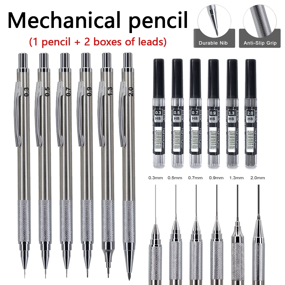 0,5 0,7 0,9 1,3 2,0mm Mechanisches Metall-Bleistift-Set Kunstzeichnen Malen Automatischer Bleistift mit 2 Boxen Stifte Büro- und Schulbedarf – Detail 1