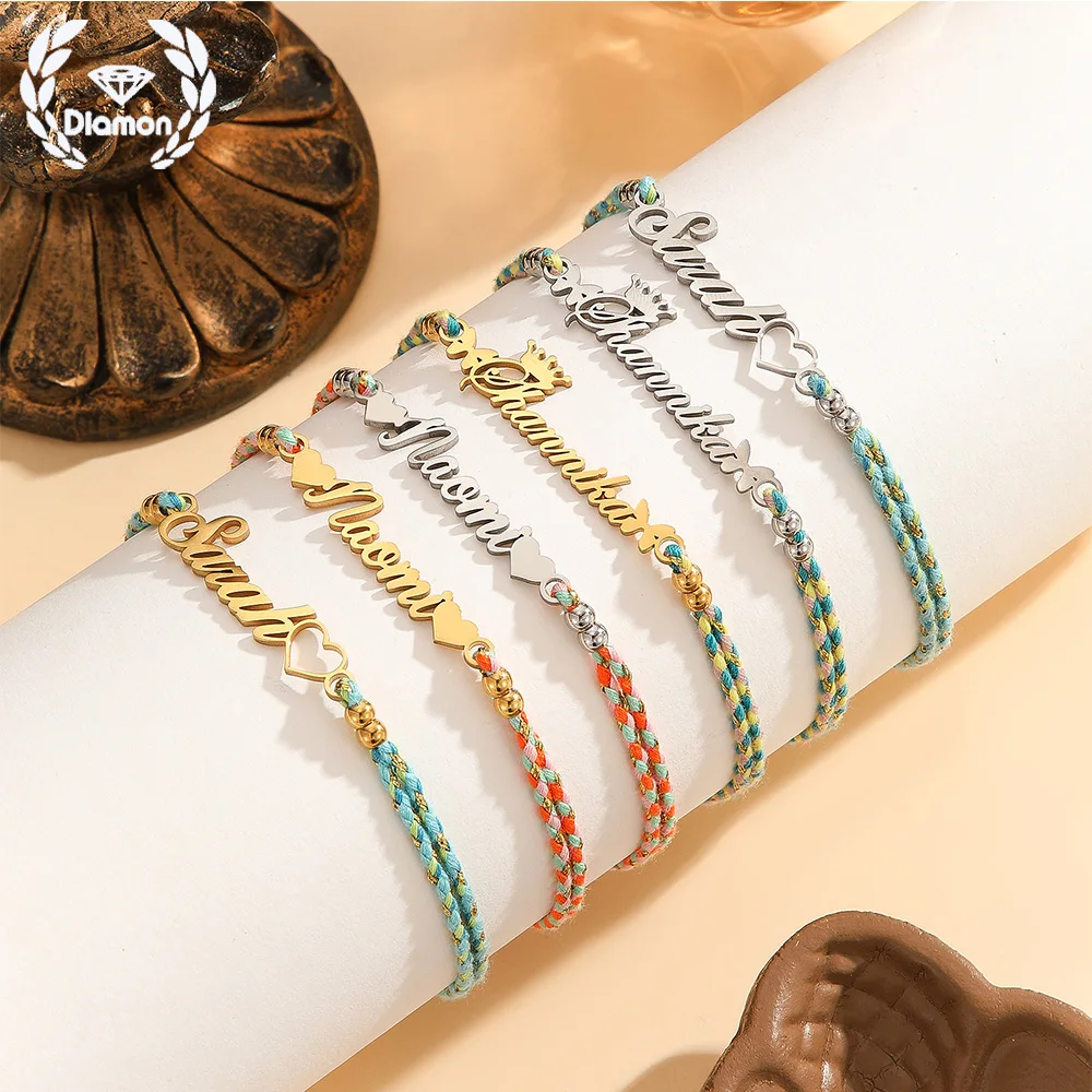 Diamon Personalized Colorful Braided 22cm Anklet Custom Name Rope Chain Summer Beach Jewelry Gift for Women Stainless Steel