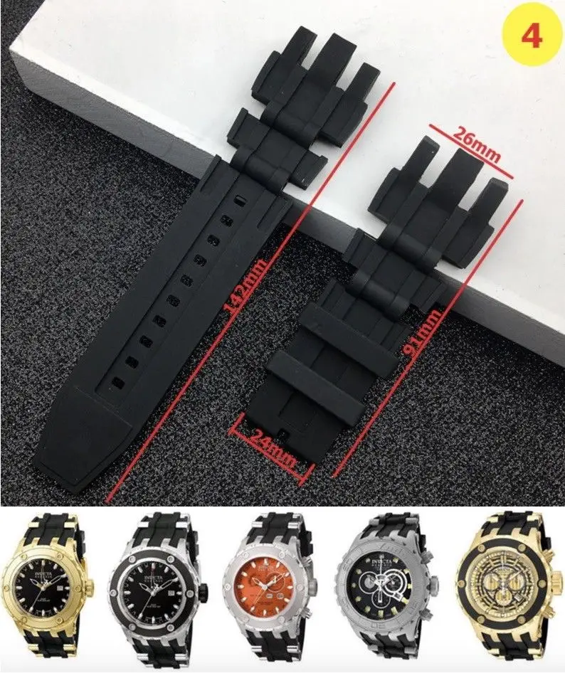 26mm Watchband Fits for Invicta Subaqua & Reserve GMT Silicone Rubber Black Men's Wristband Watch Bracelets Replacement Straps