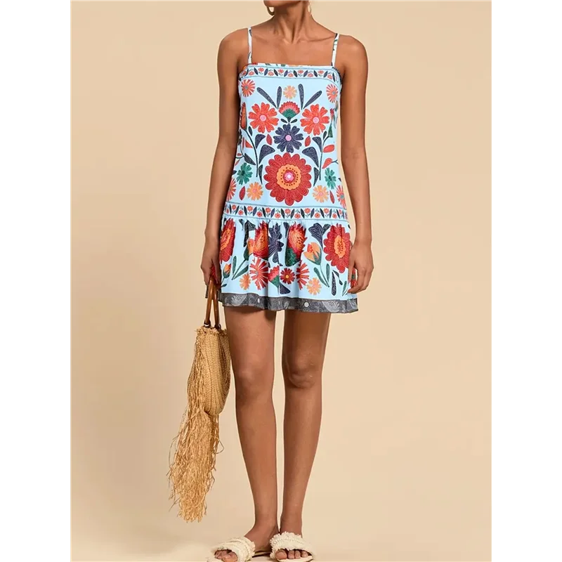 【SEE】Vestito da donna floreale Boho Flowy Mini Cami- Abito con volant e cinturino per spaghetti Abiti da vacanza