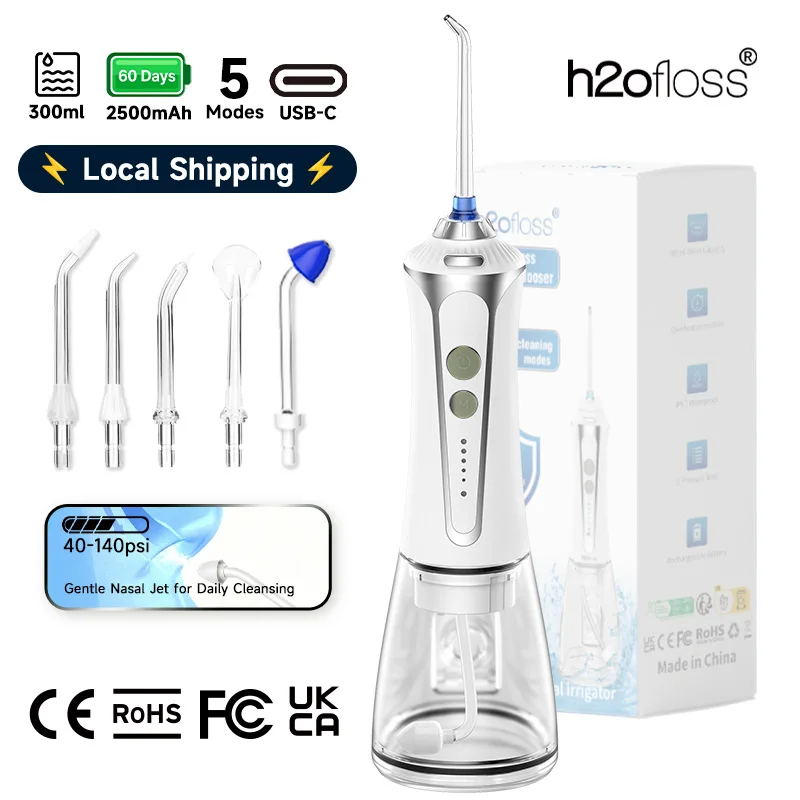 Image of H2ofloss Kabellose Tragbare Munddusche, 300ml, 5 Modi, 5 Düsen, IPX7, 2500mAh, 60 Tage Laufzeit, Hoher Druck, Wiederaufladbar