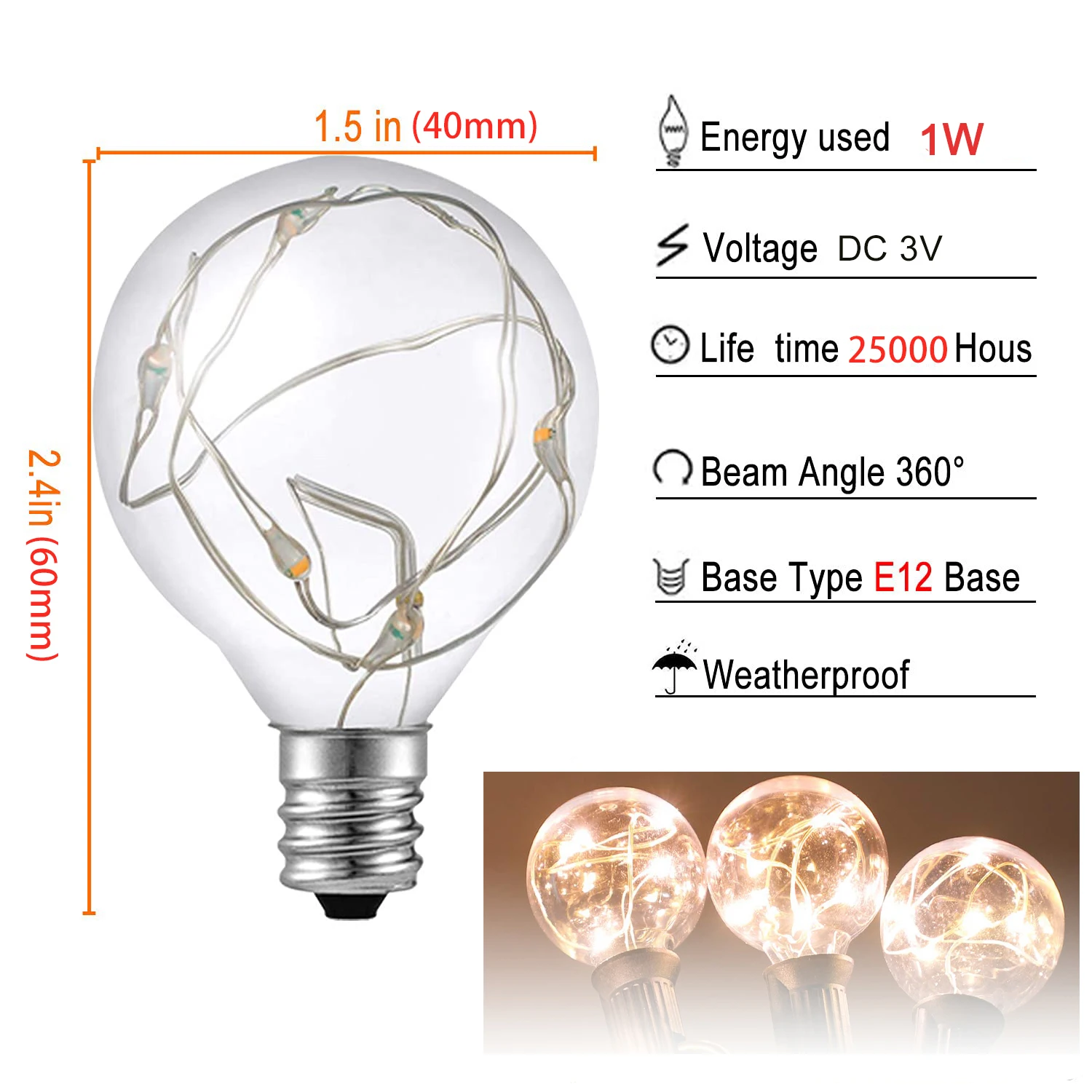 Globe LED G40 1W Copper Wire bulb Waterproof E12 DC3V Warm White 2700K Shatterproof LED Bulb for String Light Home Party Decor