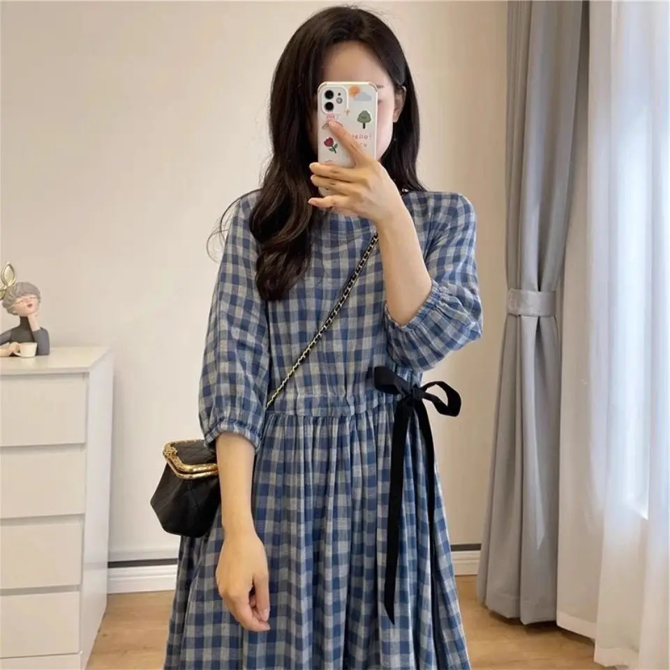 2022 Summer Pure Cotton Korean Loose Blue Plaid Waist Closing Medium Length Dress Women\'s Fashion Versatile