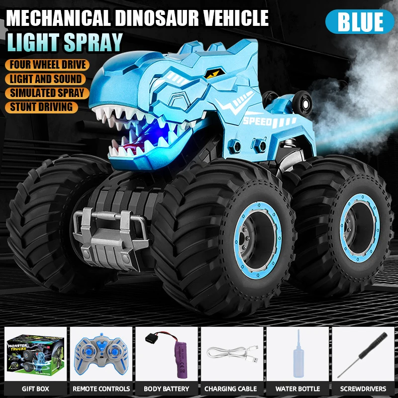 Voiture de cascade télécommandée 4WD avec son de pulvérisation légère, véhicule électrique dinosaure mécanique à grande vitesse 2.4G, jouets pour garçons, cadeaux