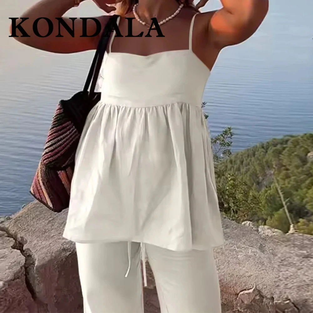 

KONDALA шикарный белый элегантный праздничный летний женский костюм 202, плиссированные топы на бретельках + длинные брюки с эластичной резинкой на талии, модный комплект 2025 Mujer