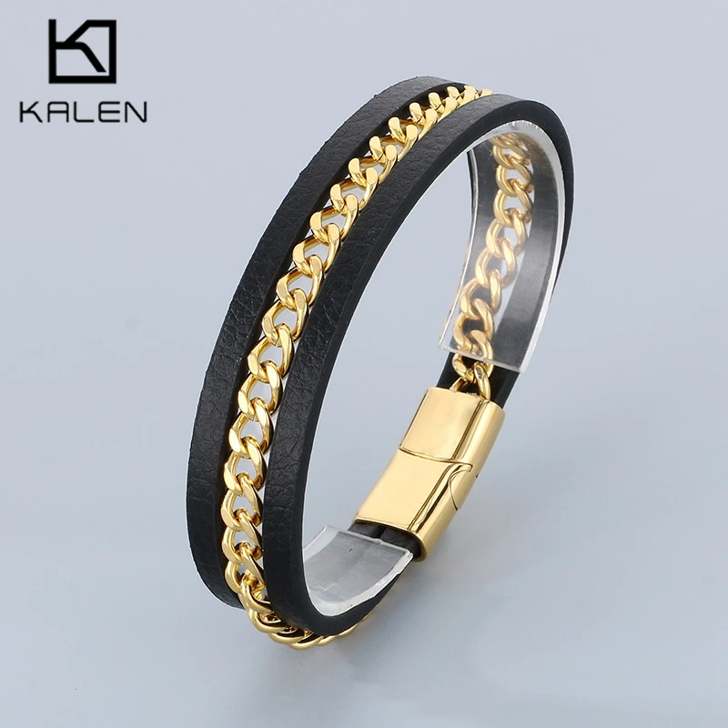 

Hip Hop Classic Double Cowhide Bracelet For Men Stainless Steel Cuban Chain Bracelet Gift Trendy Jewelry