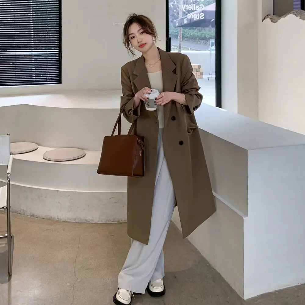 2025 primavera e outono versão coreana de terno longo jaqueta para terno casual feminino temperamento solto sobre o joelho casaco corta-vento
